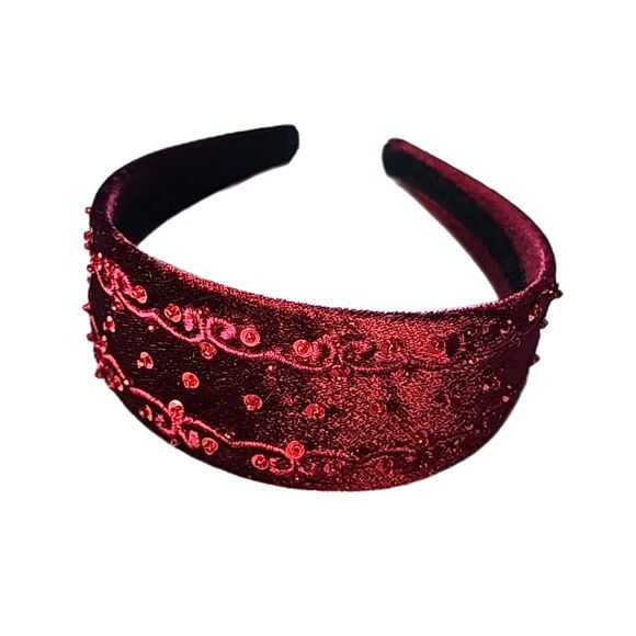Headband Velvety Feel Beaded Dark Red - Picture 1 of 2